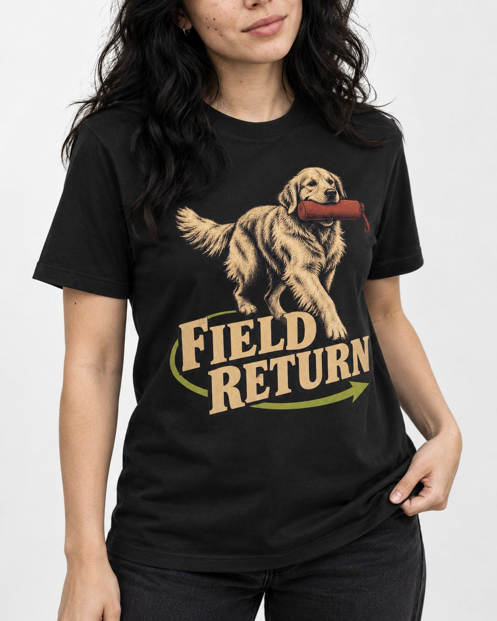 Golden Retriever Field Return Training Dummy Graphic T-Shirt in Black, worn by a model, front view