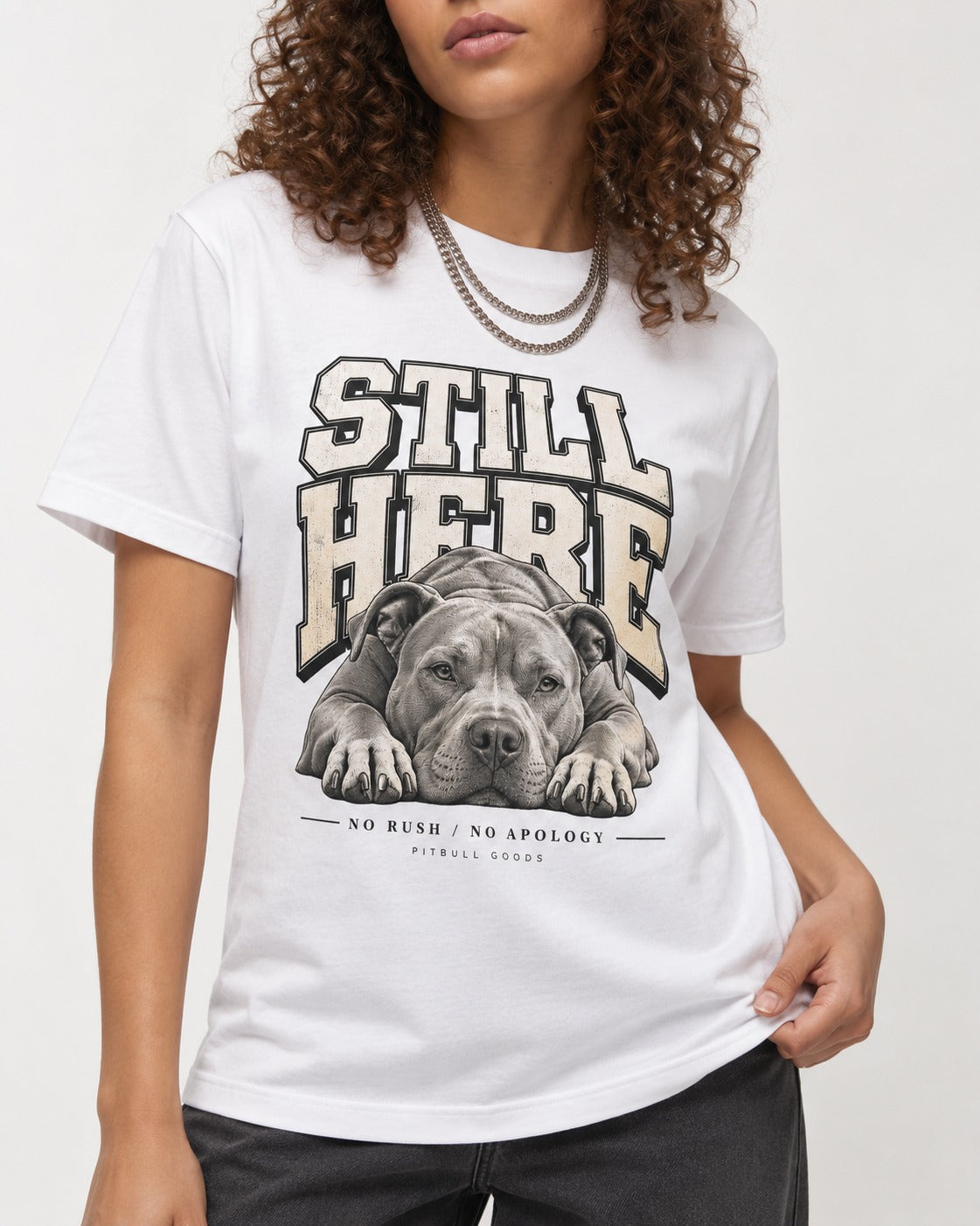 Still Here Pitbull T-Shirt in White, worn by a model, front view
