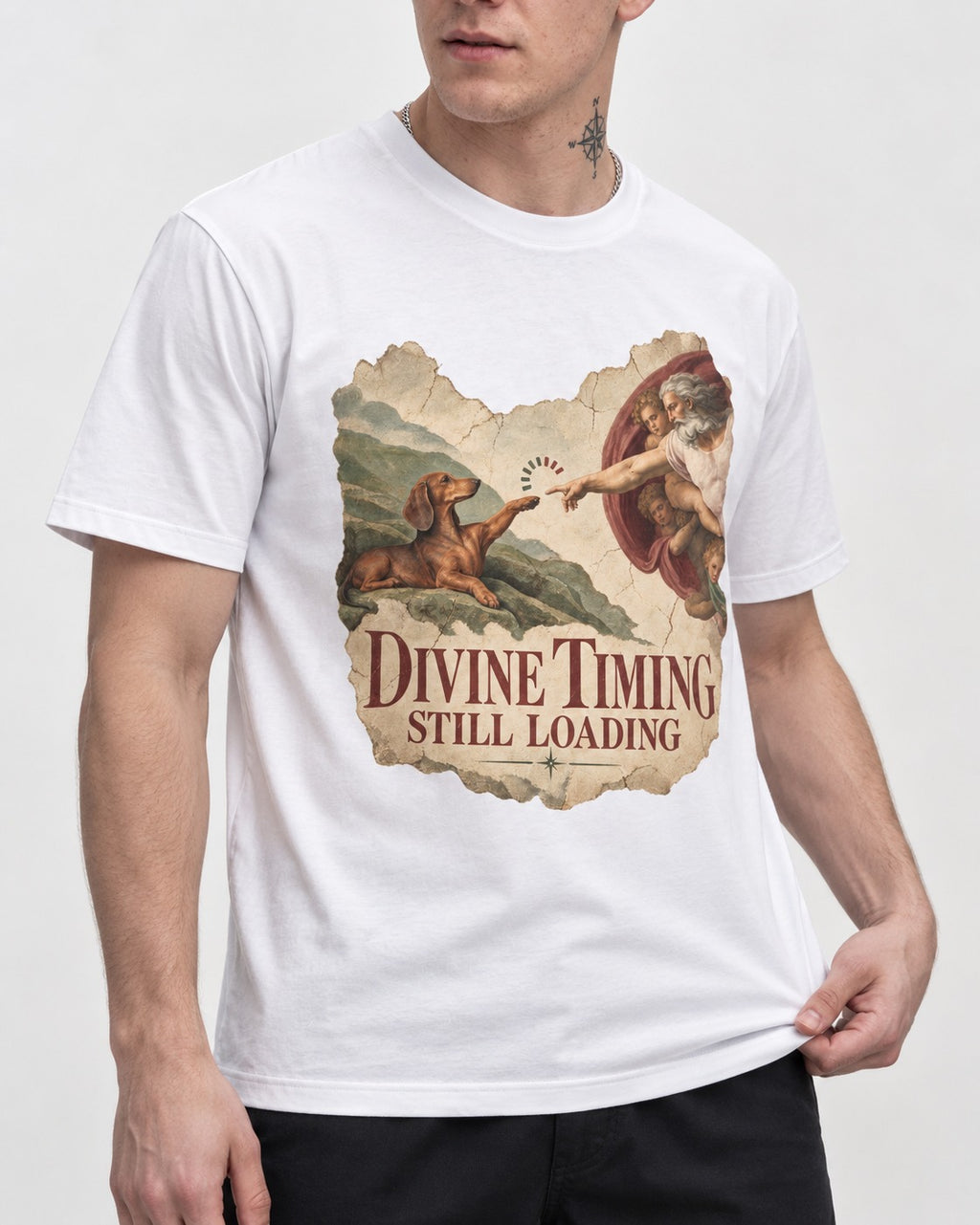 Dachshund's Divine Timing T-Shirt in White, worn by a model, front view