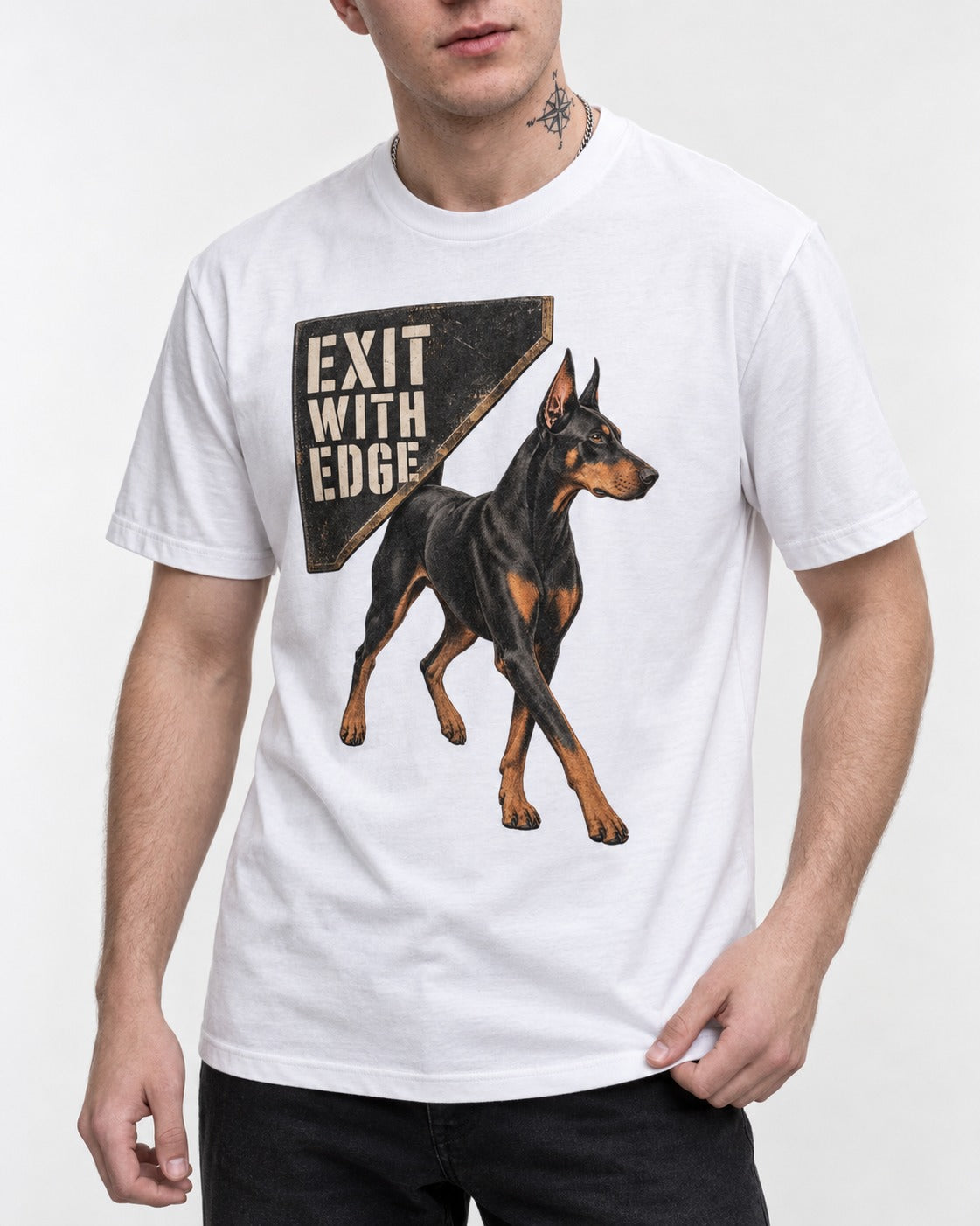 Exit with Doberman Edge T-Shirt in White, worn by a model, front view