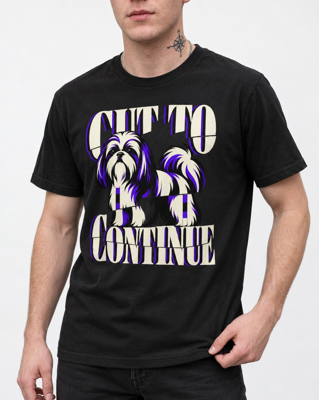 Shih Tzu Cut to Continue Dimensional Typography Graphic T-Shirt in Black, worn by a model, front view