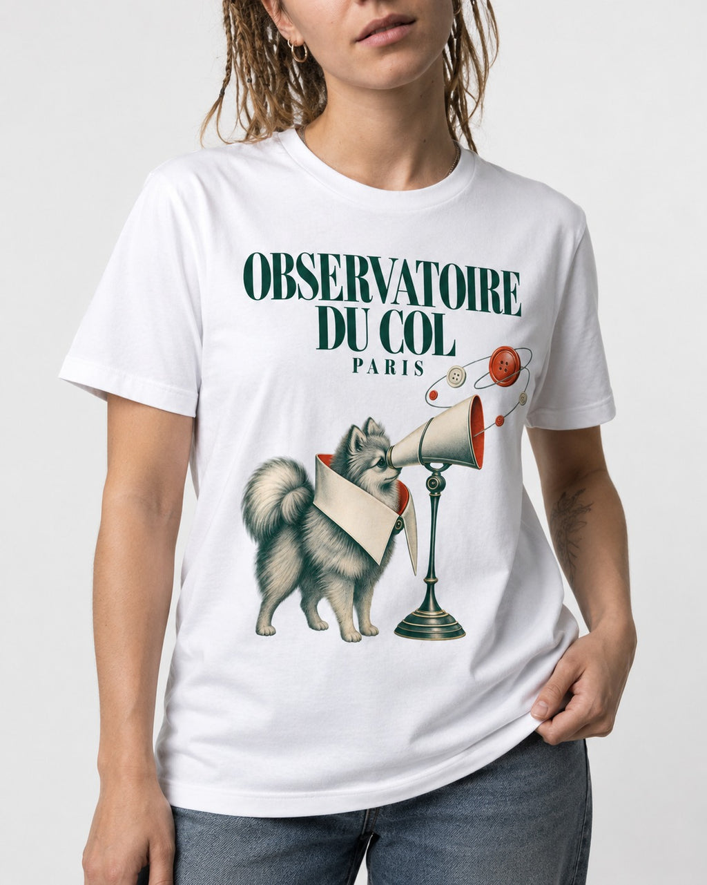 Pomeranian Observatoire Du Col T-Shirt in White, worn by a model, front view