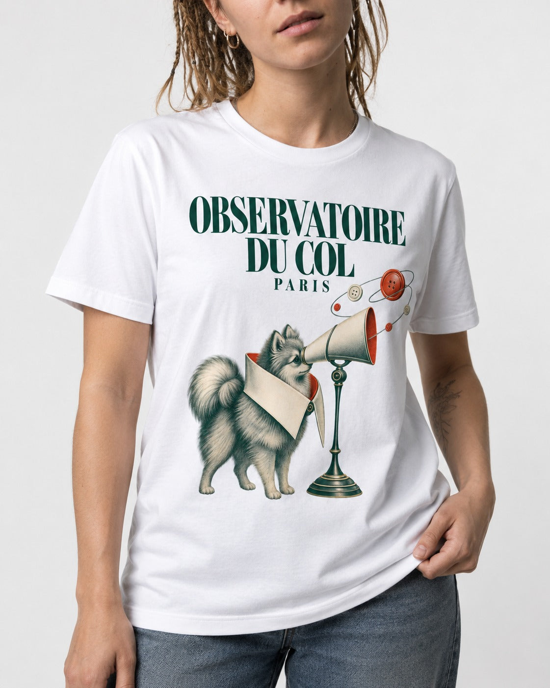 Pomeranian Observatoire Du Col T-Shirt in White, worn by a model, front view
