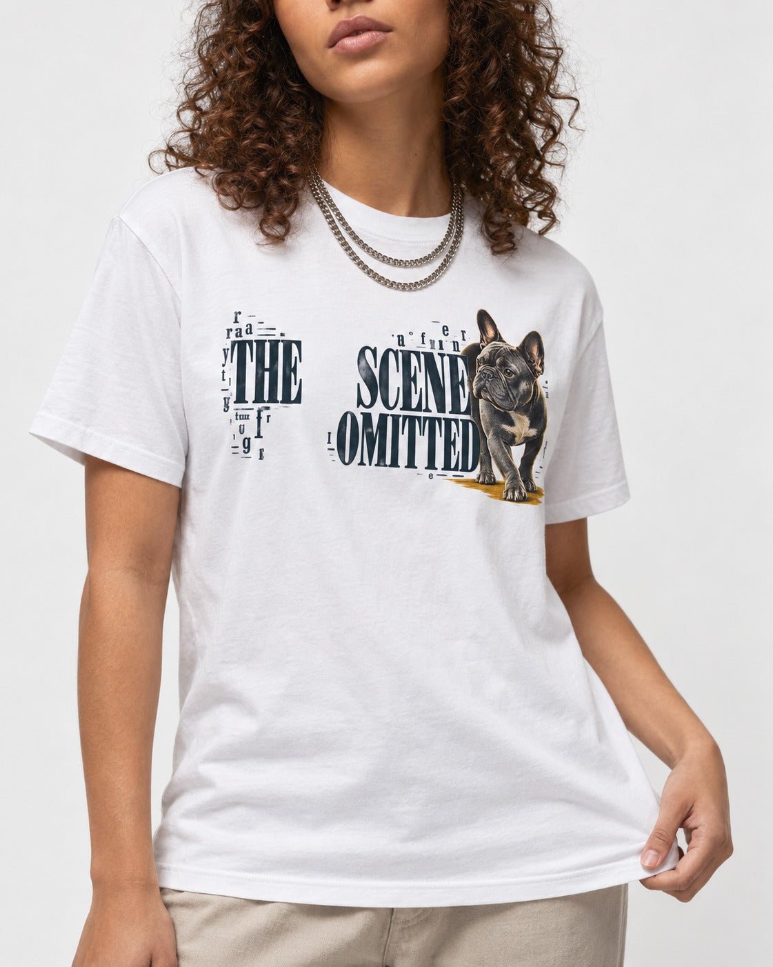 Scene Omitted for Frenchie T-Shirt in White, worn by a model, front view