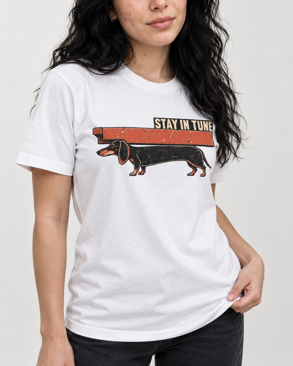 Dachshund Stay in Tune T-Shirt in White, worn by a model, front view