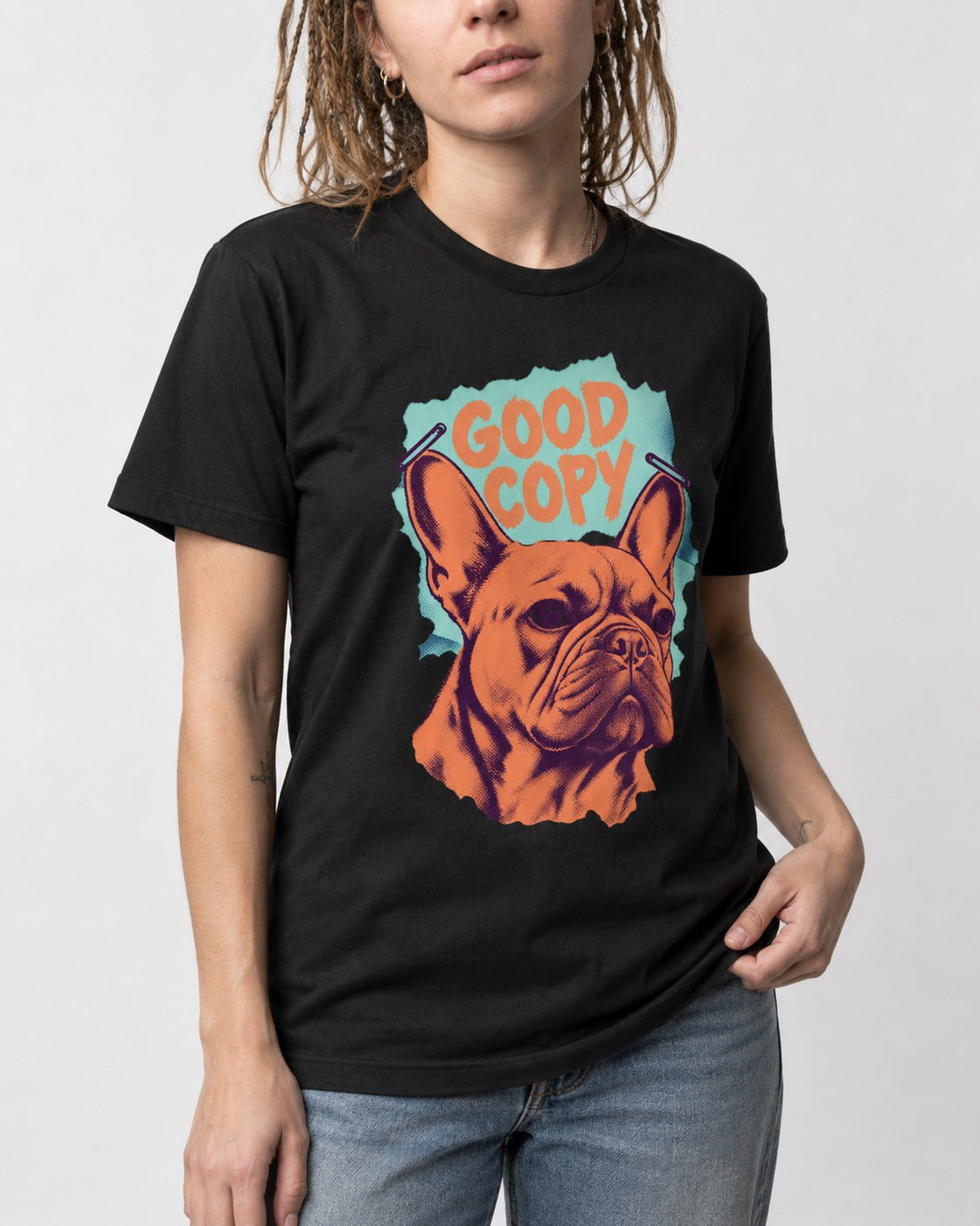 Frenchie Good Copy Stapled Zine Graphic T-Shirt in Black, worn by a model, front view