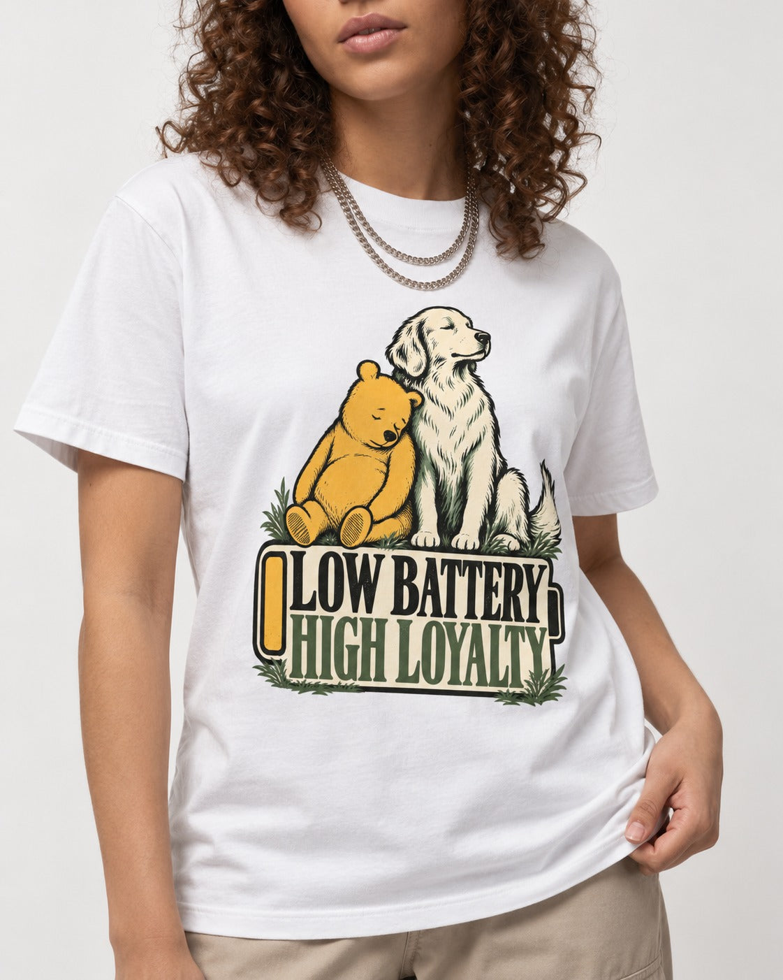Golden Retriever Low Battery High Loyalty T-Shirt in White, worn by a model, front view