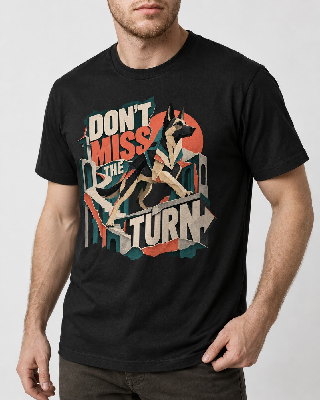 Dont Miss The Turn Escher Staircase German Shepherd Dog Graphic T-Shirt in Black, worn by a model, front view
