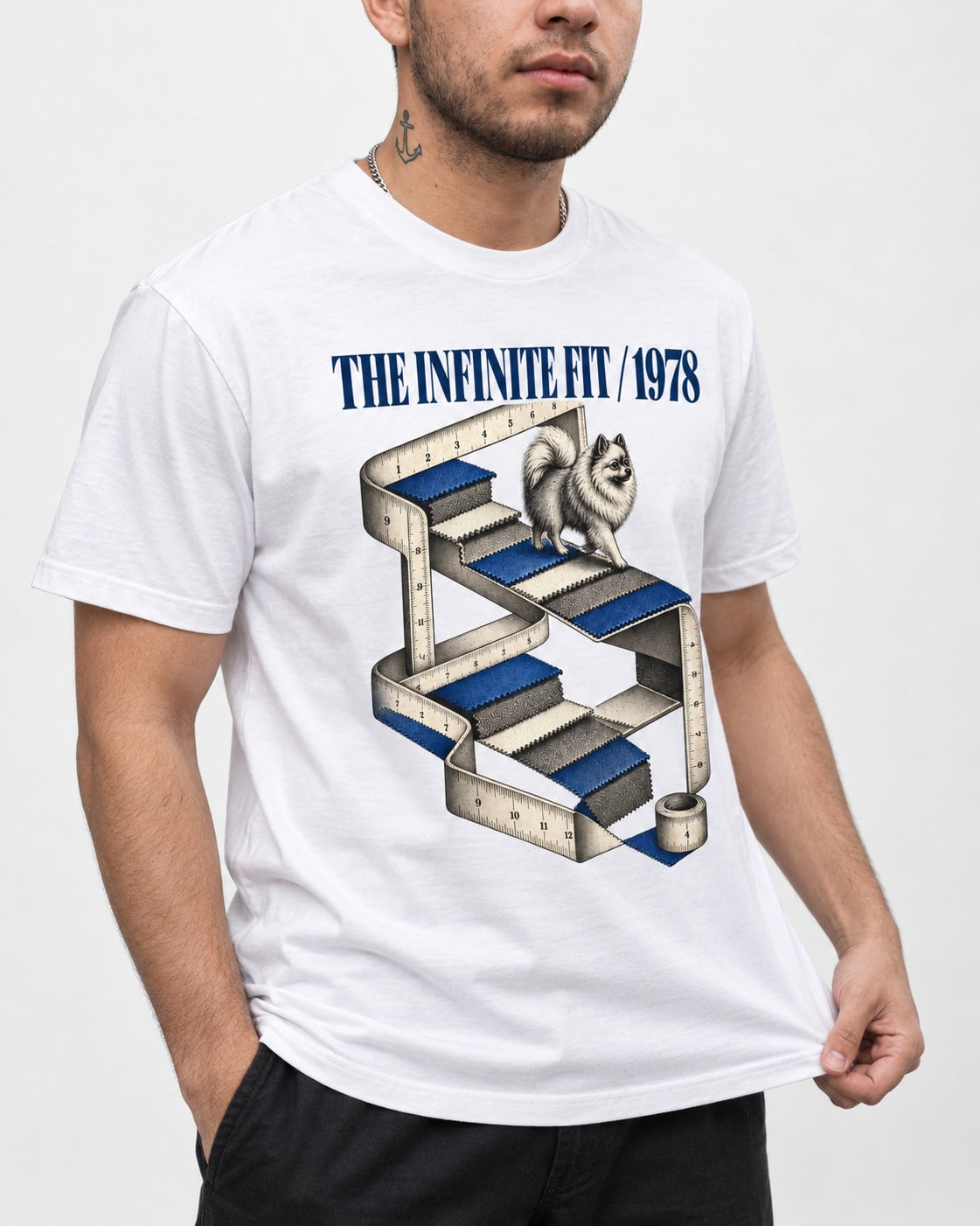 The Infinite Pomeranian Fit T-Shirt in White, worn by a model, front view