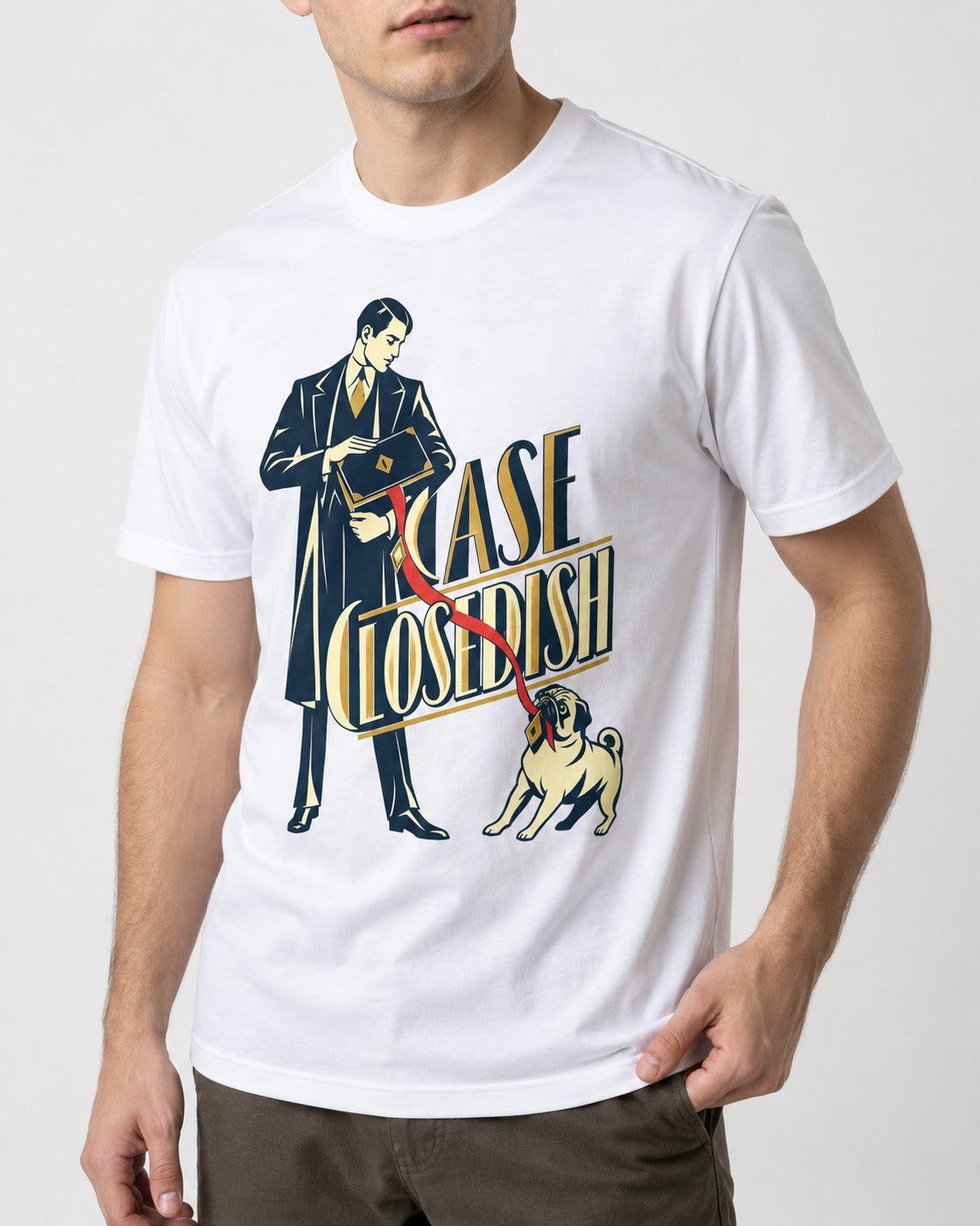 Case Closedish Pug T-Shirt in White, worn by a model, front view