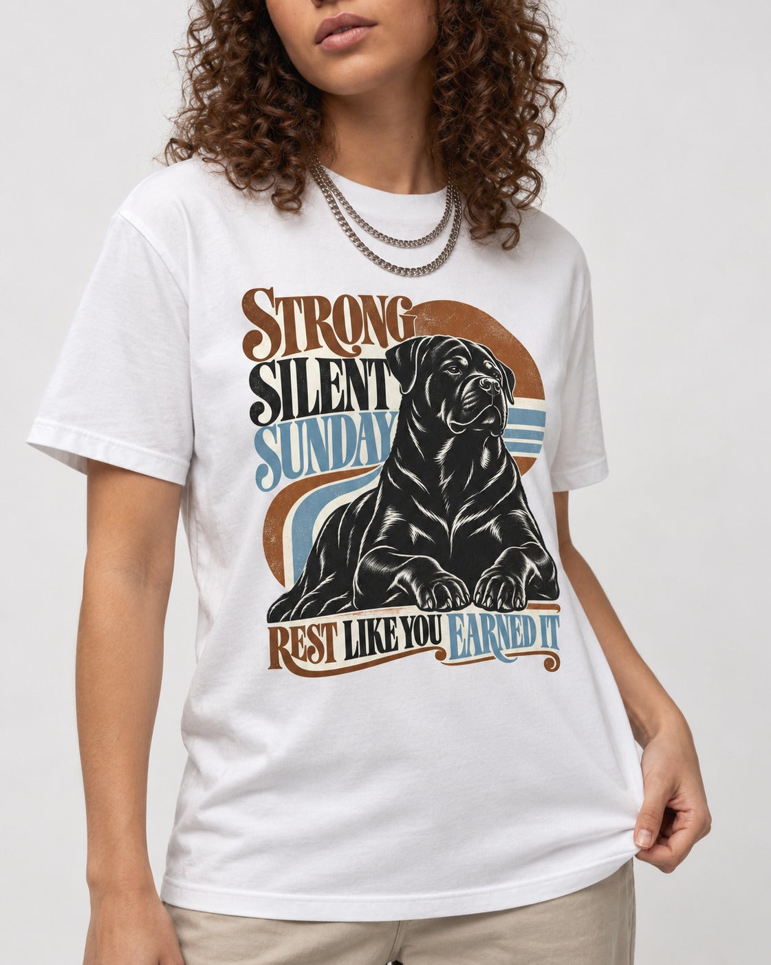 Strong Silent Sunday Rottweiler T-Shirt in White, worn by a model, front view