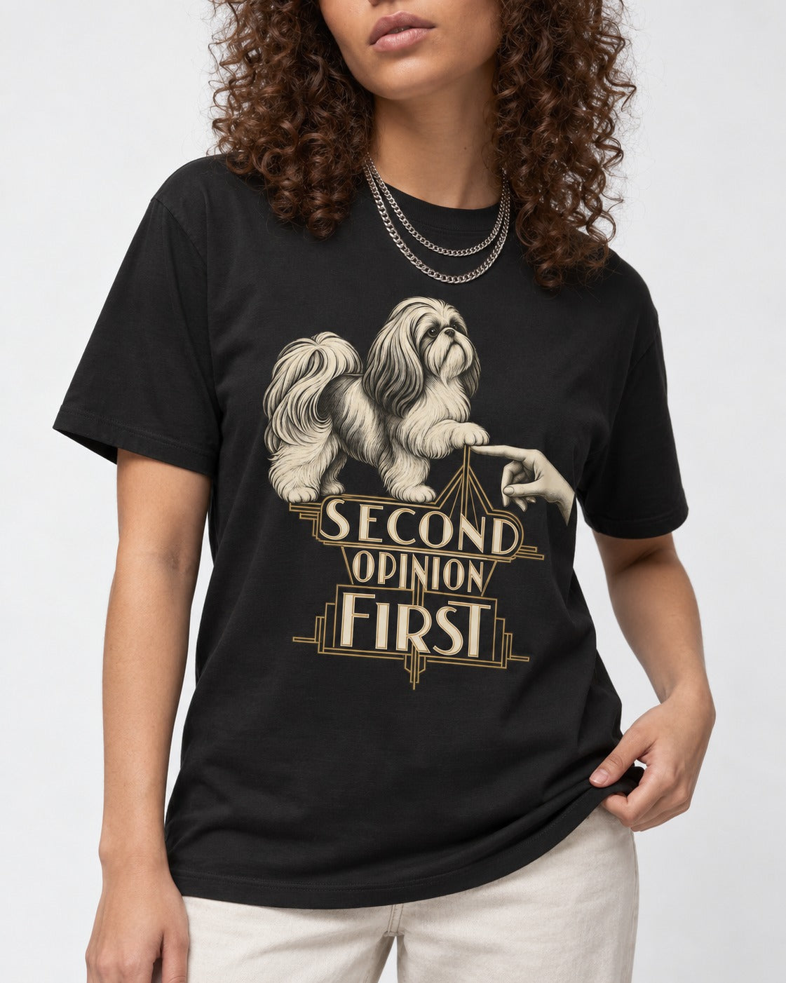 Shih Tzu Second Opinion First Art Deco Graphic T-Shirt in Black, worn by a model, front view