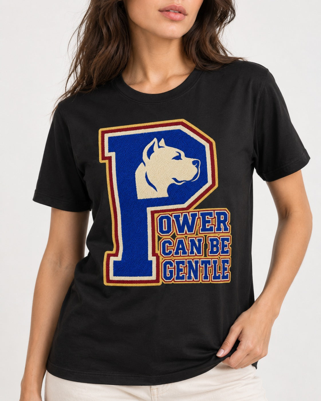 Pitbull Power Can Be Gentle Varsity Graphic T-Shirt in Black, worn by a model, front view