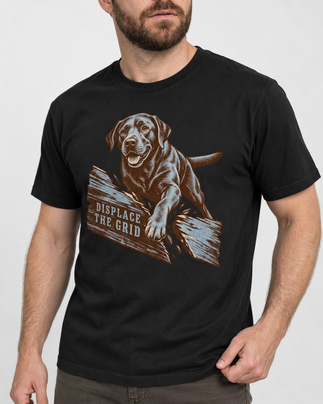 Labrador Retriever Displace the Grid Breaking Plank Graphic T-Shirt in Black, worn by a model, front view