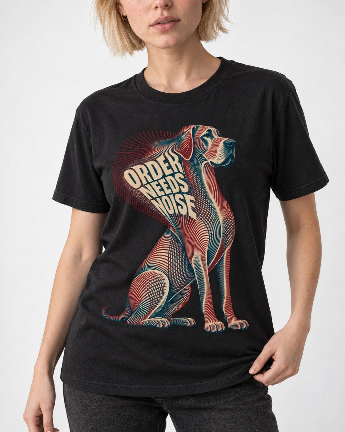 Great Dane Order Needs Noise Optical Line Graphic T-Shirt in Black, worn by a model, front view