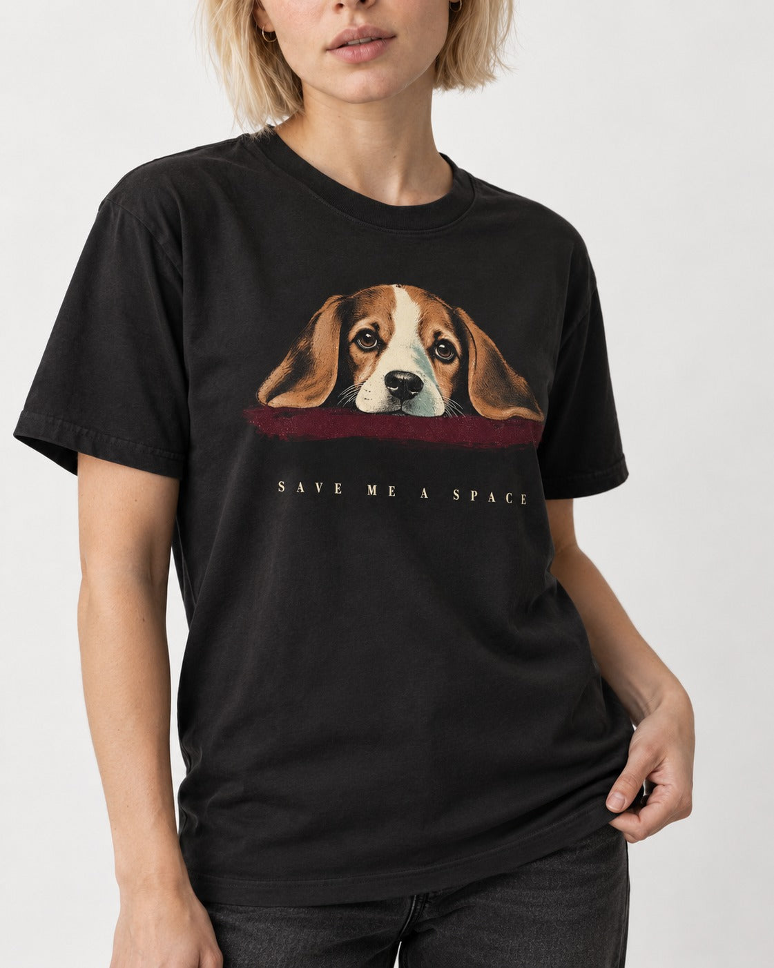 Save Me A Space Beagle T-Shirt in Black, worn by a model, front view