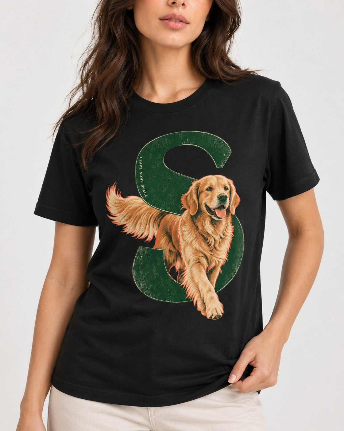 Golden Retriever Leave Some Space Monogram Graphic T-Shirt in Black, worn by a model, front view
