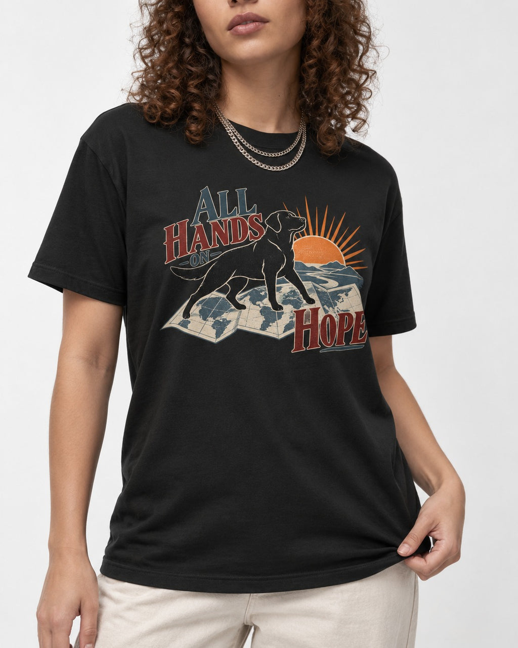 Labrador Retriever All Hands on Hope Map Sunrise Graphic T-Shirt in Black, worn by a model, front view