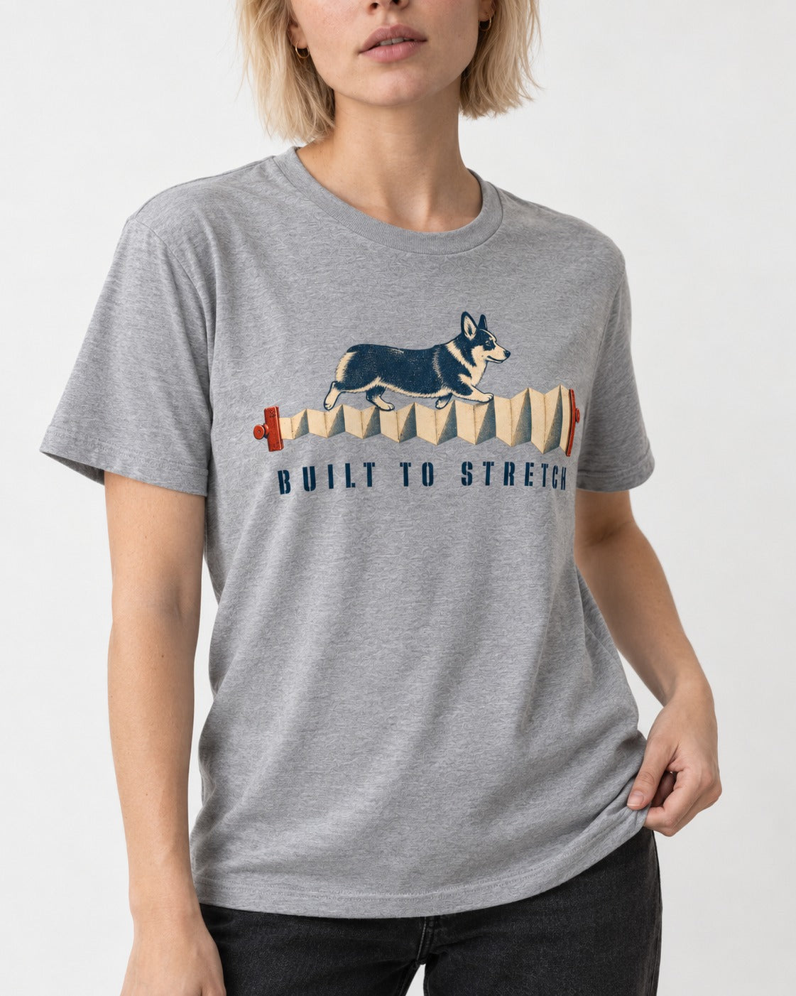 Corgi Built to Stretch Accordion Graphic T-Shirt in Sport Grey, worn by a model, front view