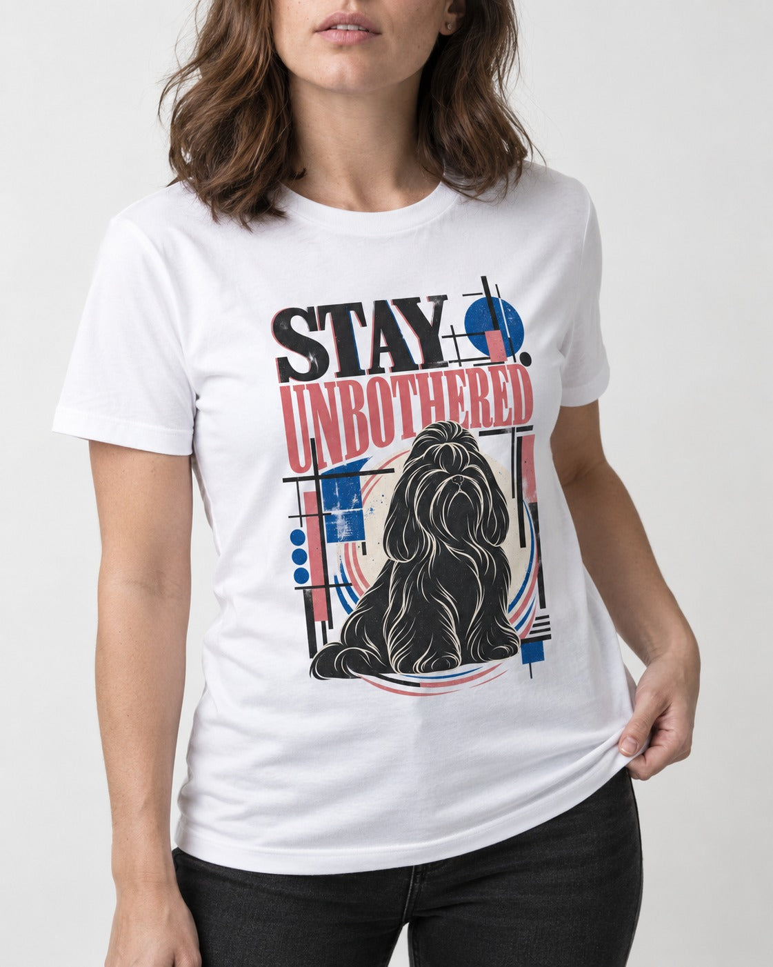 Stay Unbothered Shih Tzu T-Shirt in White, worn by a model, front view