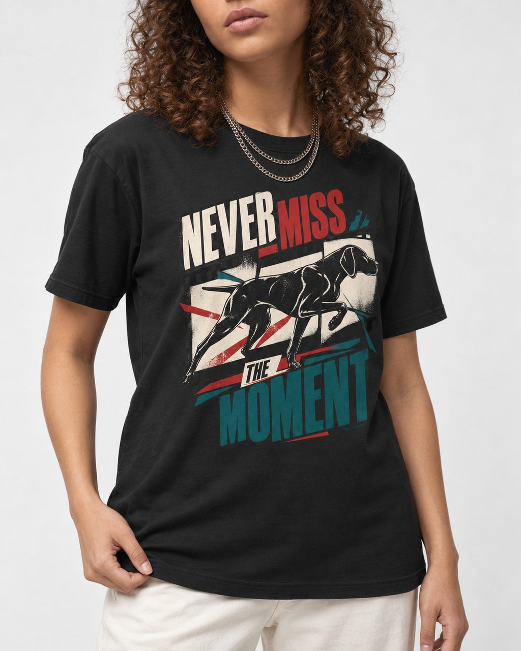 German Shorthaired Pointer Never Miss the Moment Filmstrip Graphic T-Shirt in Black, worn by a model, front view