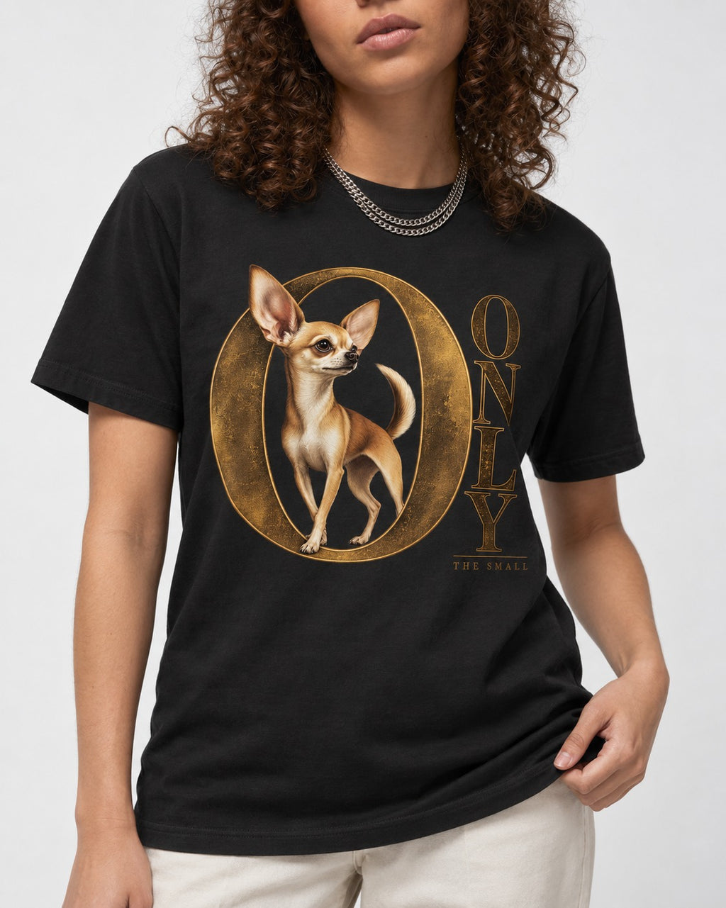 Chihuahua Only the Small T-Shirt in Black, worn by a model, front view