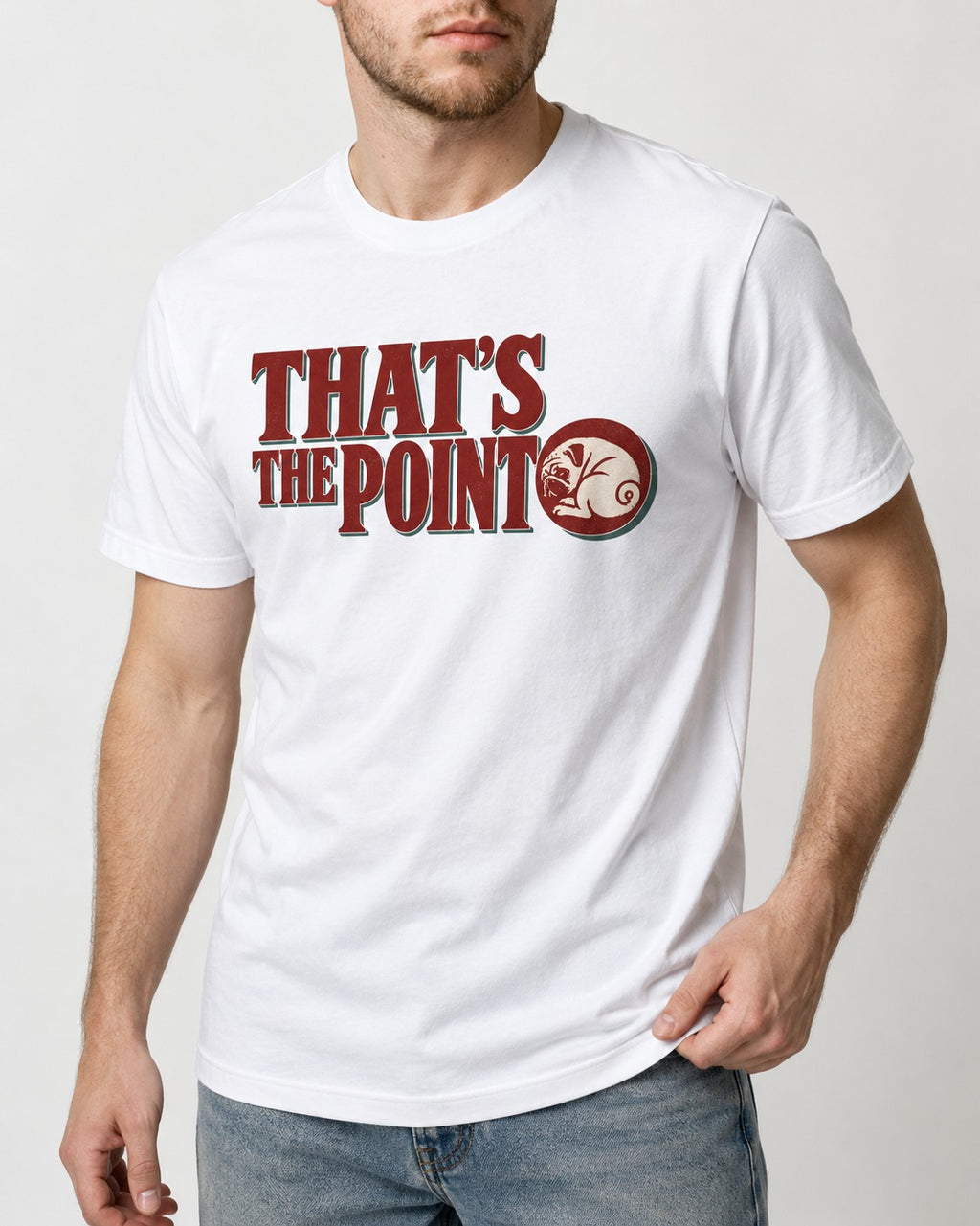 Pug's the Point T-Shirt in White, worn by a model, front view