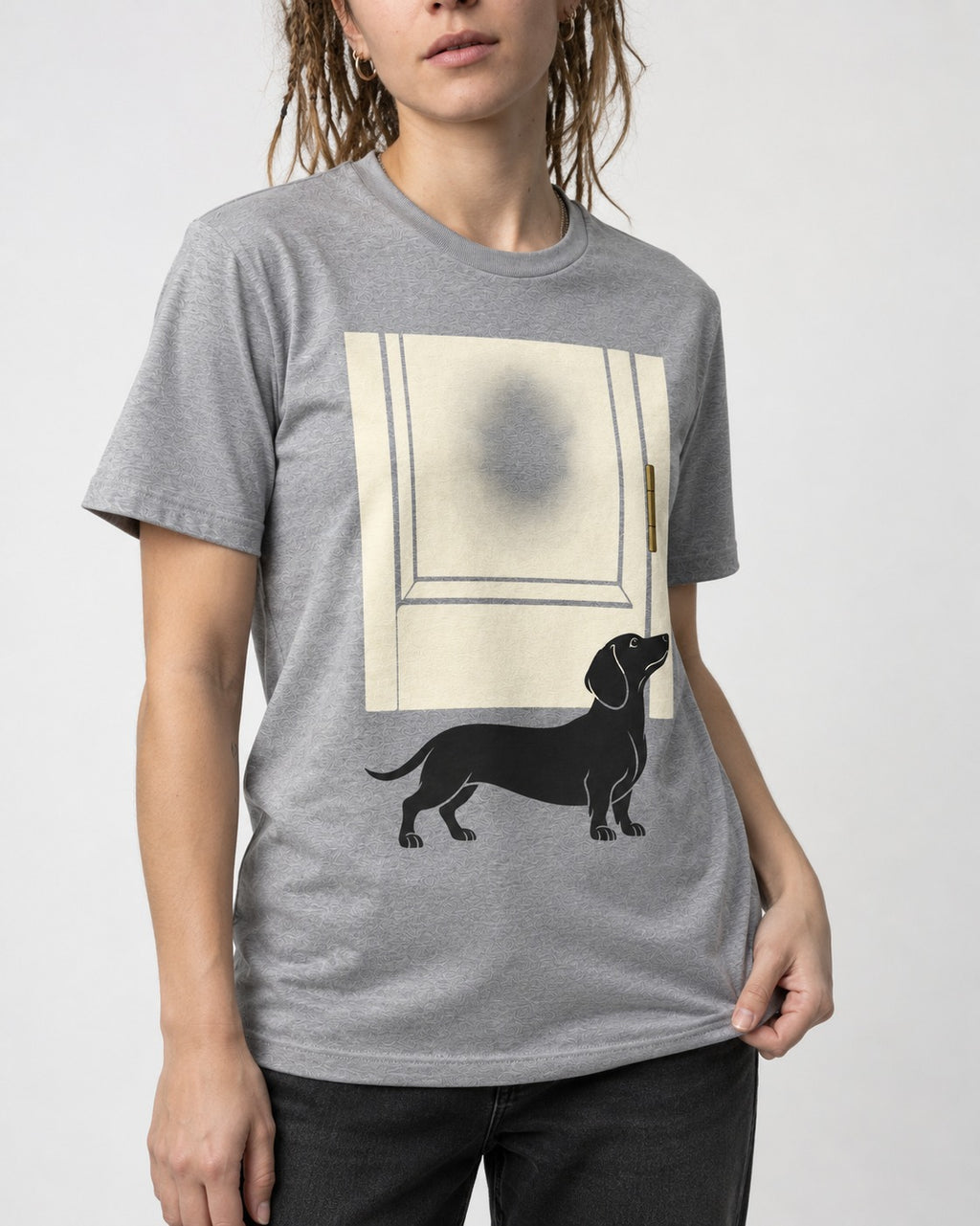 Dachshund Frosted Door Sentinel Graphic T-Shirt in Sport Grey, worn by a model, front view