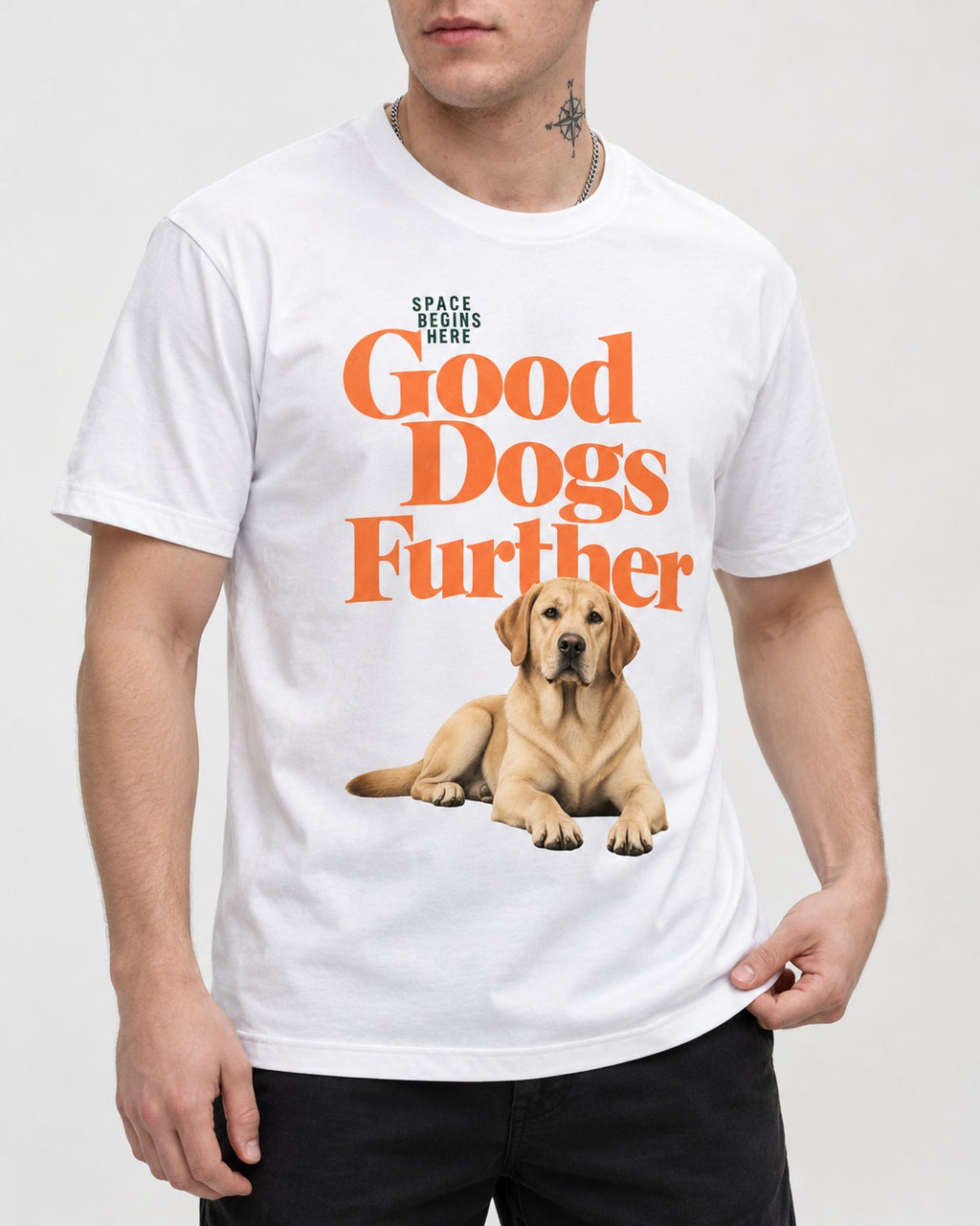 Good Labrador Retriever Goes Further T-Shirt in White, worn by a model, front view