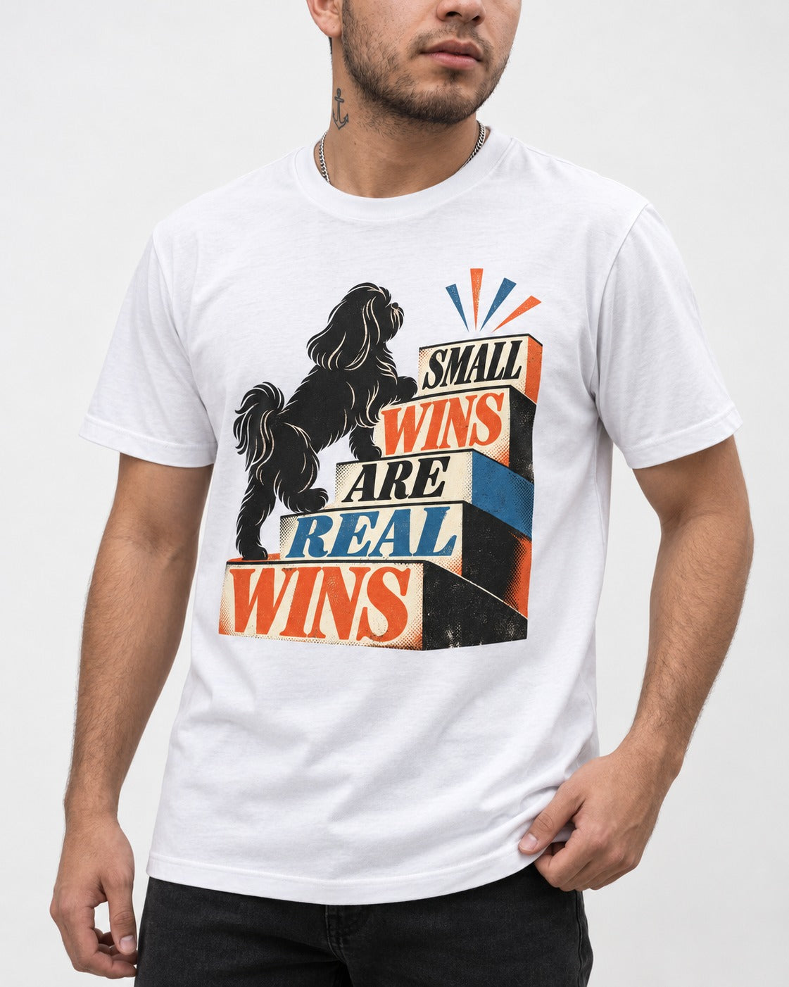 Small Wins Shih Tzu T-Shirt in White, worn by a model, front view