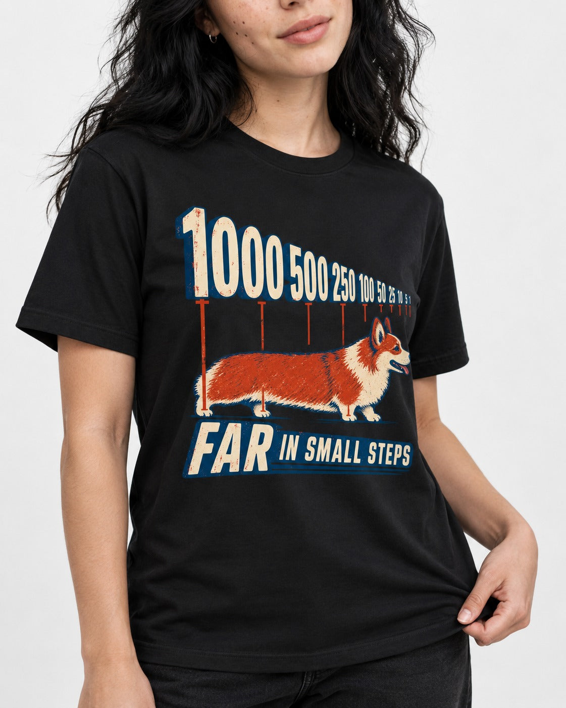 Corgi Far in Small Steps T-Shirt in Black, worn by a model, front view