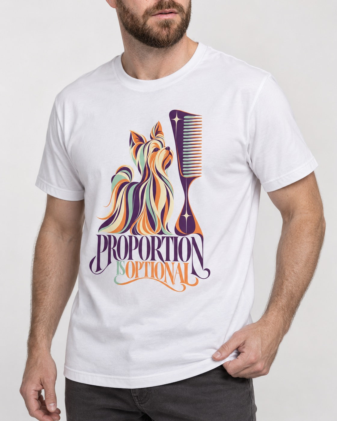 Yorkshire Terrier Proportion Is Optional T-Shirt in White, worn by a model, front view