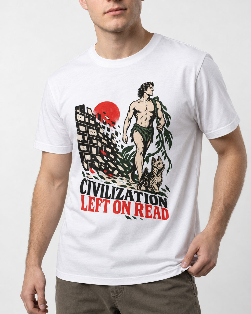 Yorkshire Terrier Left Civilization on Read T-Shirt in White, worn by a model, front view