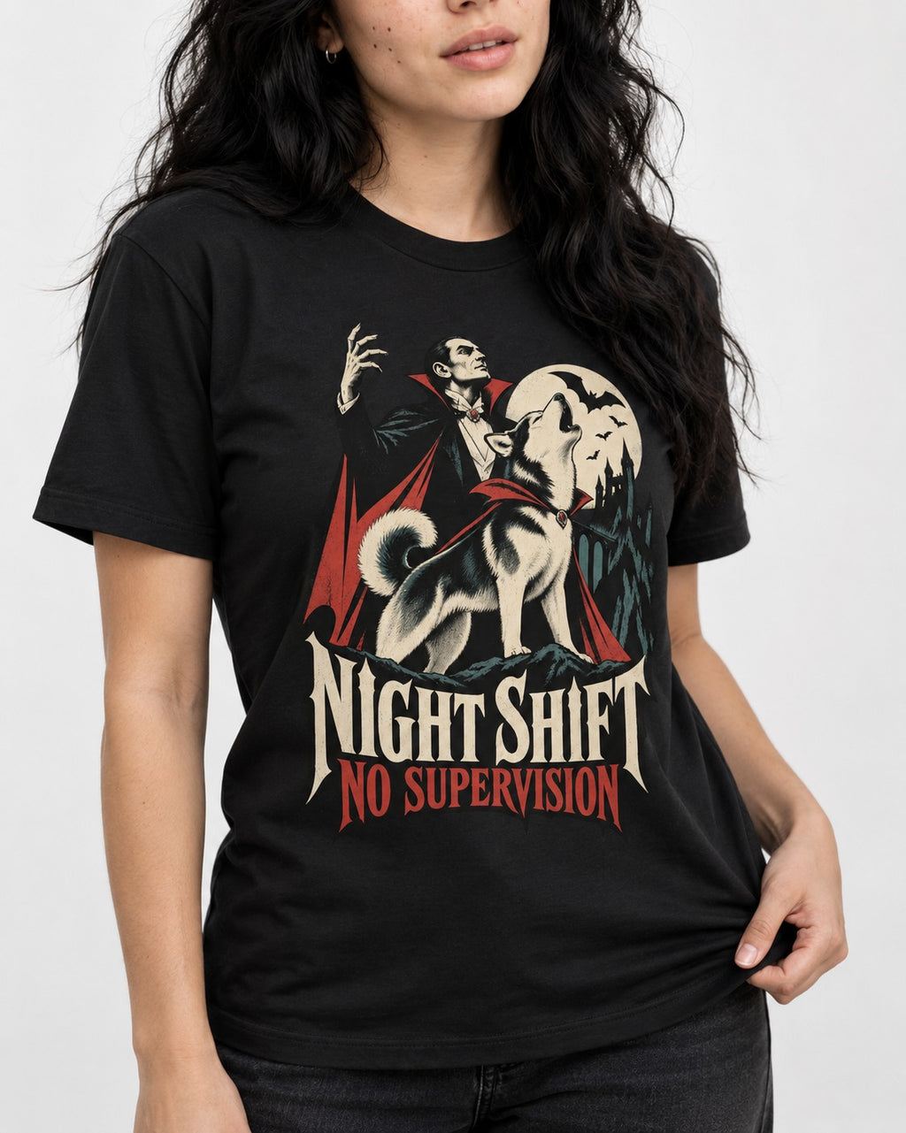 Husky Night Shift No Supervision Vampire Graphic T-Shirt in Black, worn by a model, front view