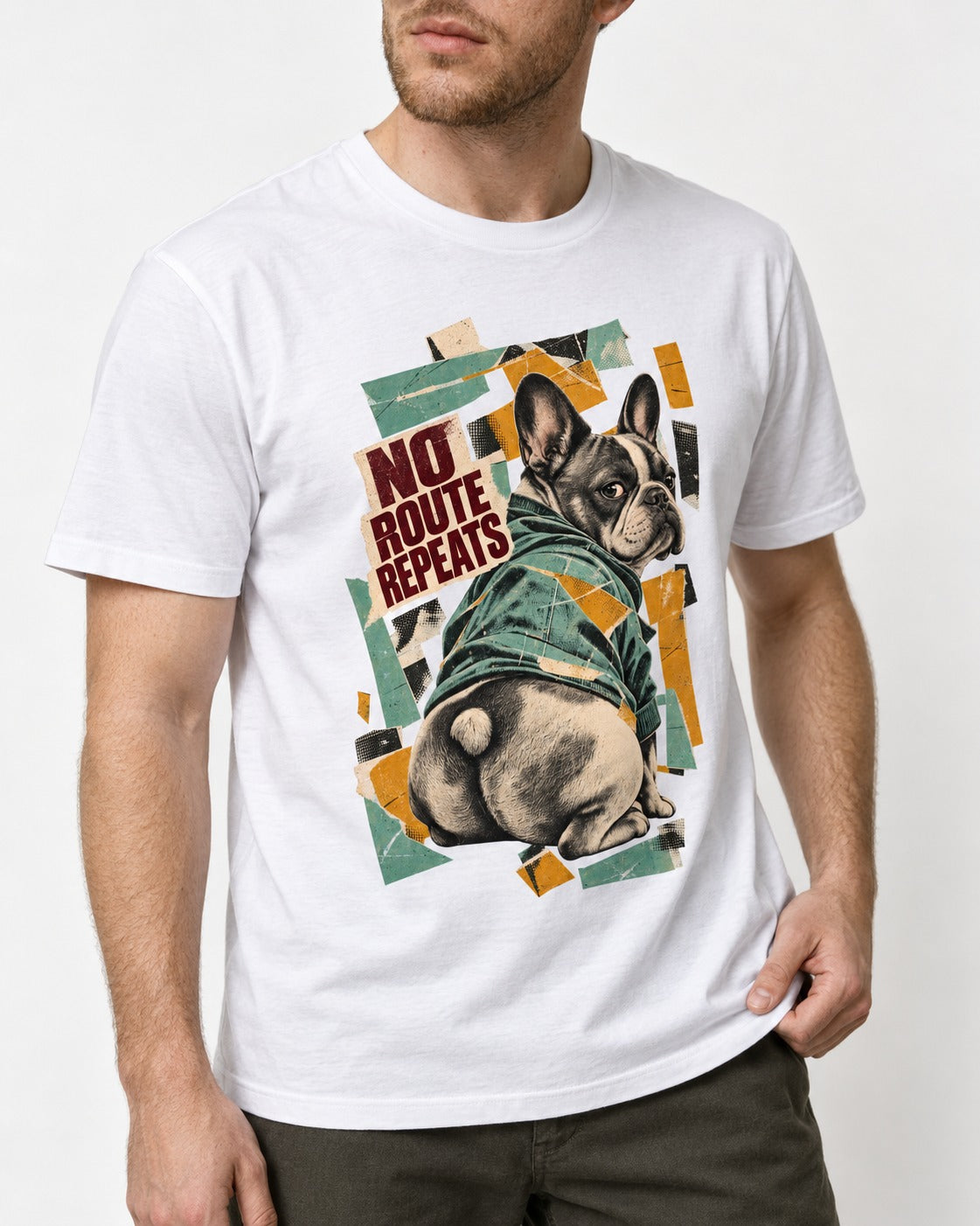 No Route Repeats Frenchie T-Shirt in White, worn by a model, front view