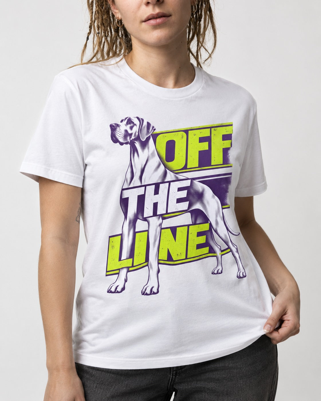 Great Dane Off the Line T-Shirt in White, worn by a model, front view