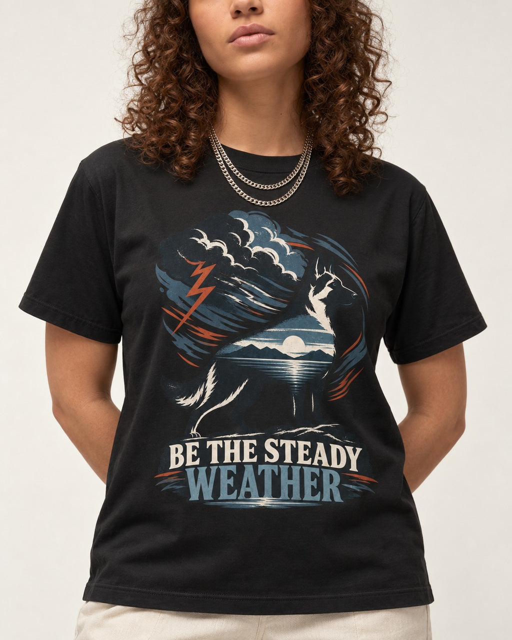 Be the Steady Weather Storm German Shepherd Dog Graphic T-Shirt in Black, worn by a model, front view