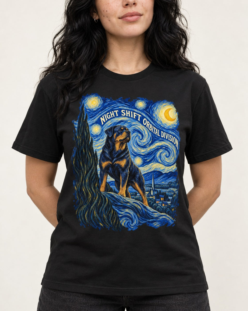 Rottweiler Night Shift Orbital Division Starry Night Graphic T-Shirt in Black, worn by a model, front view