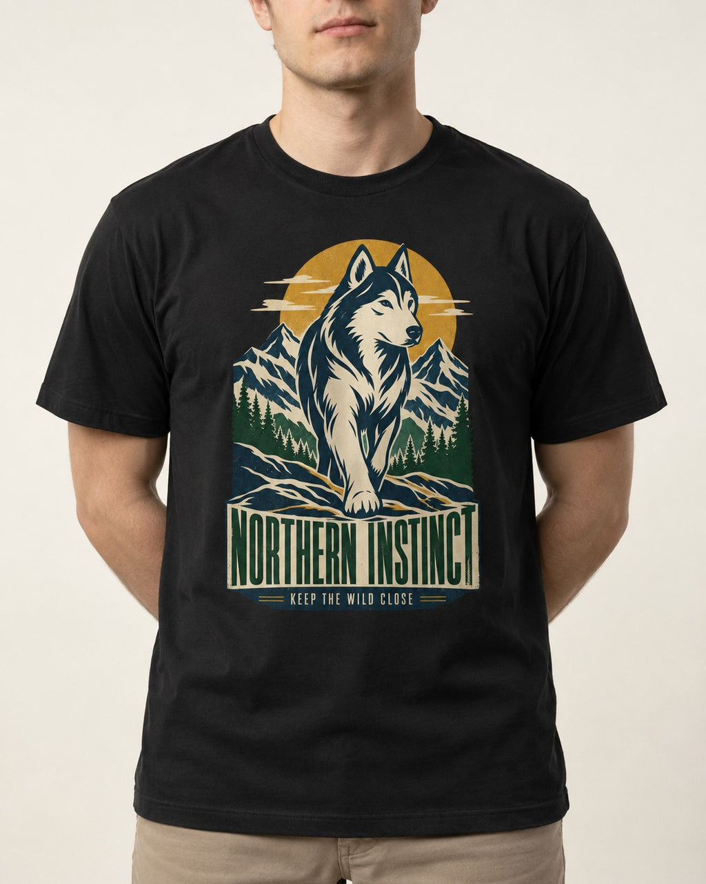 Husky Northern Instinct Mountain Sentinel T-Shirt in Black, worn by a model, front view