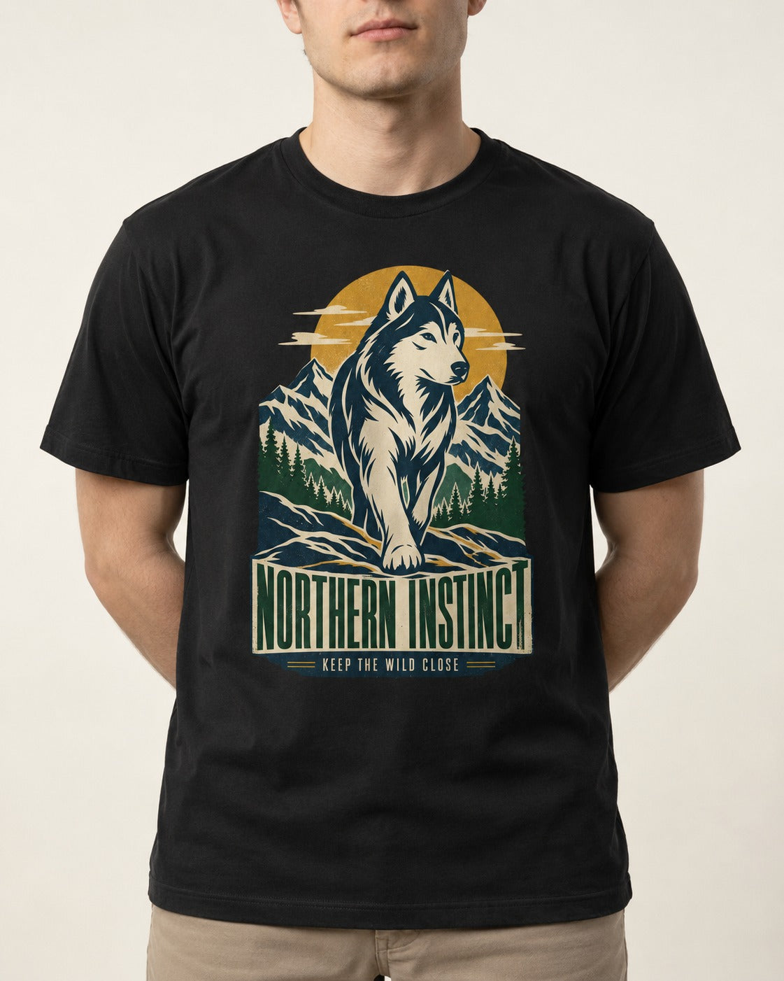 Husky Northern Instinct Mountain Sentinel T-Shirt in Black, worn by a model, front view