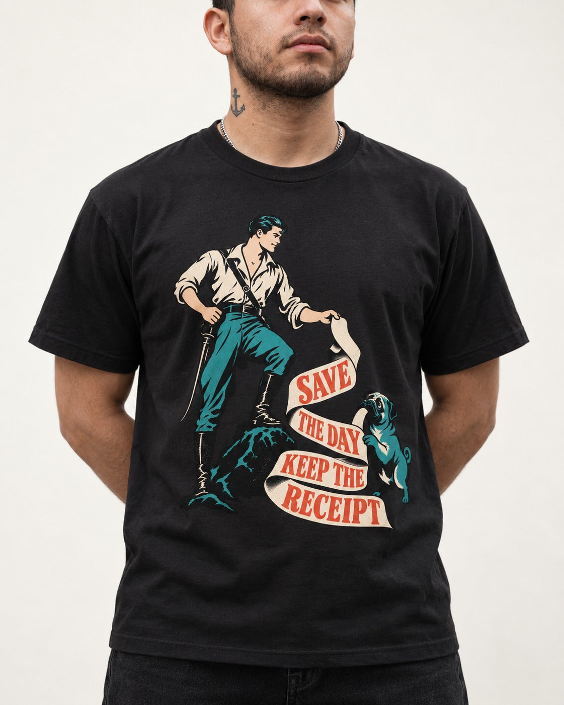 Pug Save the Day Keep the Receipt Hero Graphic T-Shirt in Black, worn by a model, front view