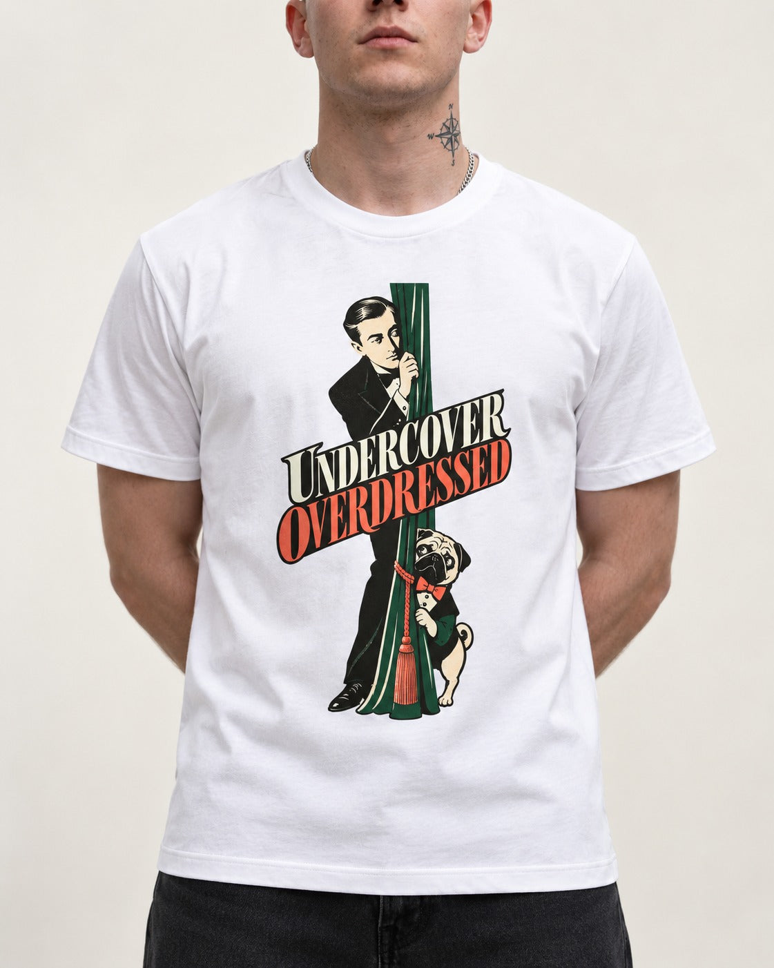 Undercover Overdressed Pug T-Shirt in White, worn by a model, front view
