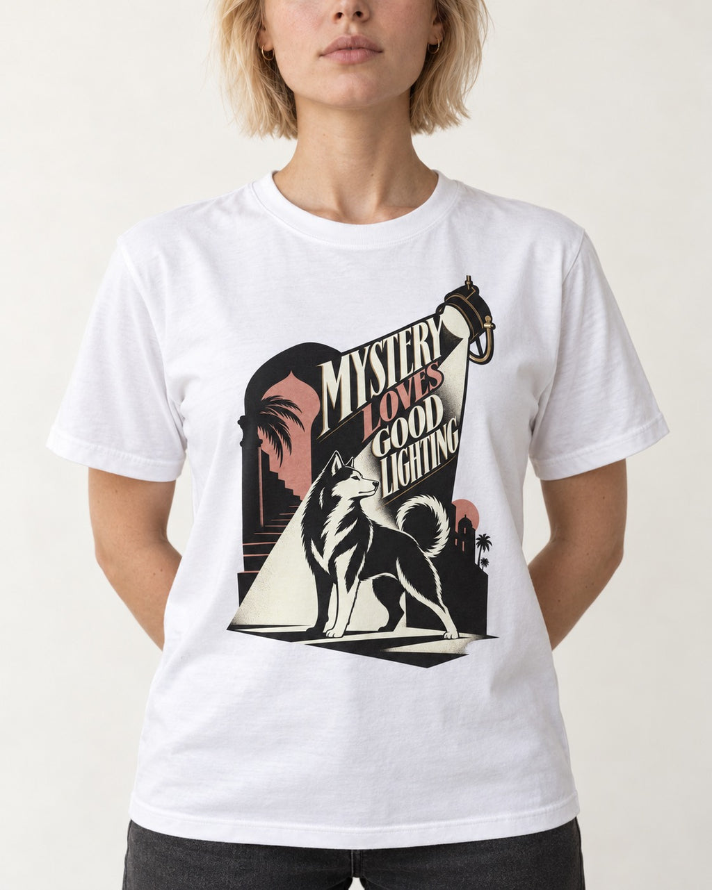 Husky Loves Good Lighting T-Shirt in White, worn by a model, front view