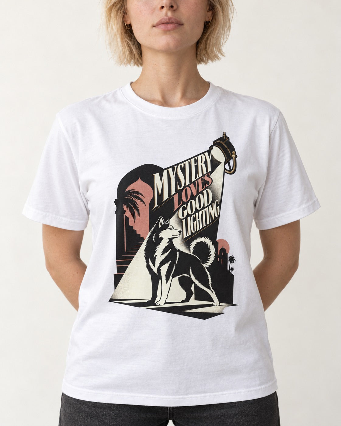 Husky Loves Good Lighting T-Shirt in White, worn by a model, front view