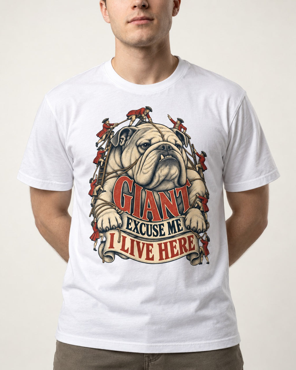 English Bulldog I Live Here T-Shirt in White, worn by a model, front view