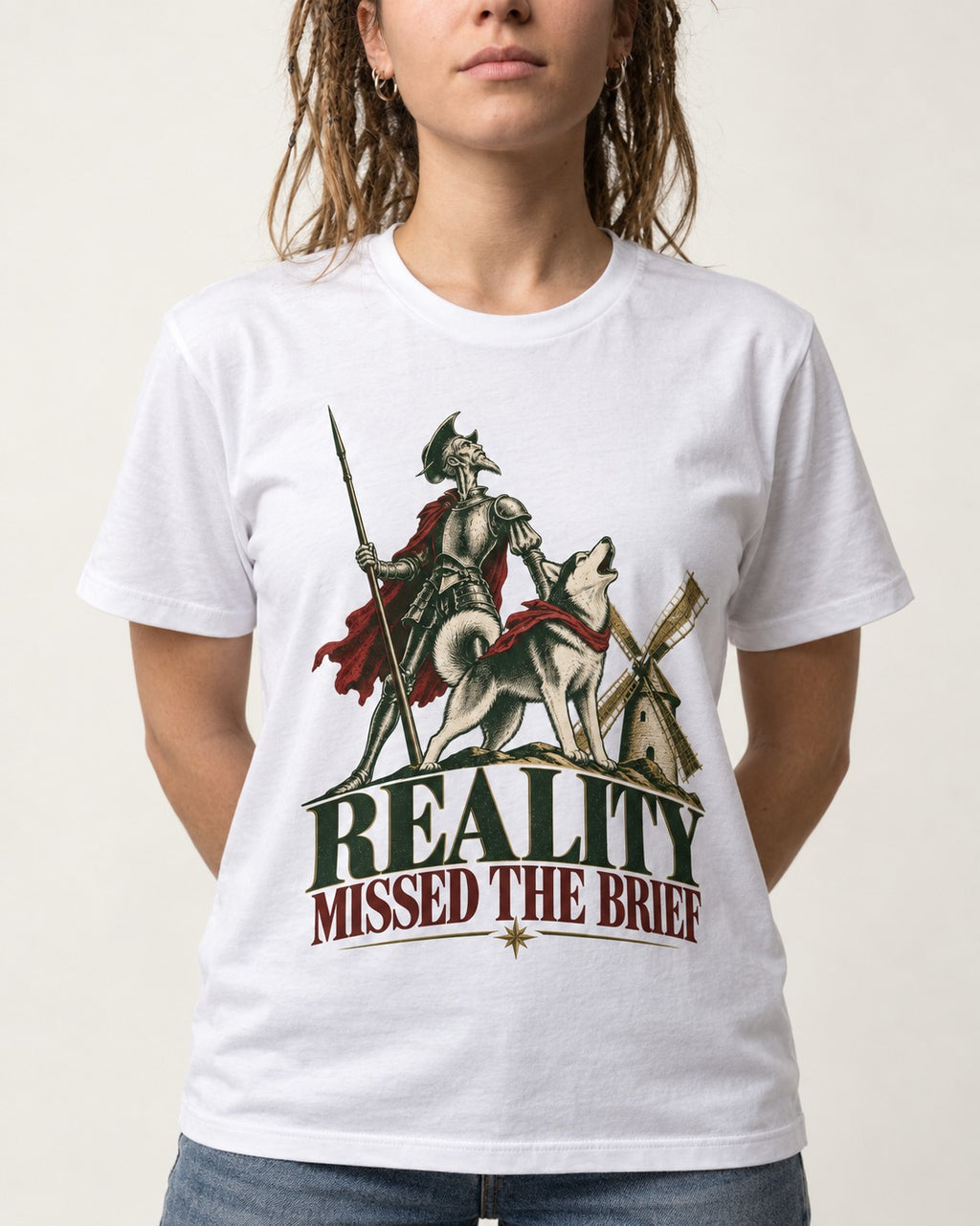 Reality Missed the Husky Brief T-Shirt in White, worn by a model, front view