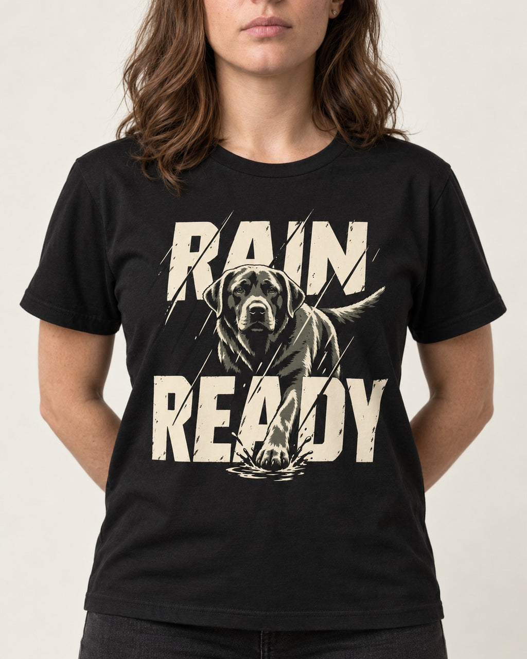 Labrador Retriever Rain Ready Charging Splash Graphic T-Shirt in Black, worn by a model, front view