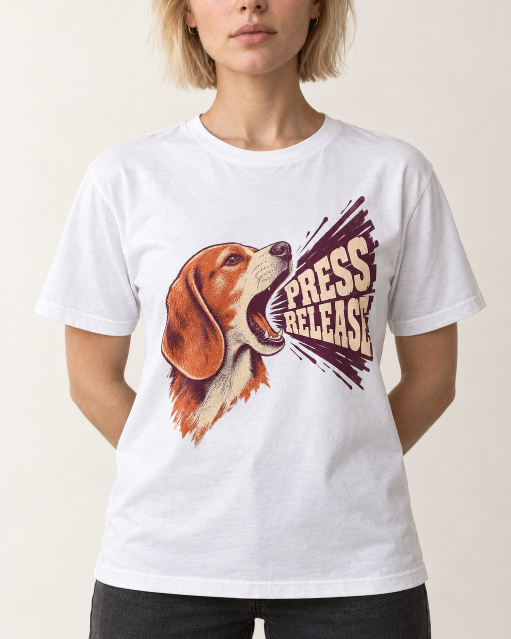Beagle Press Release T-Shirt in White, worn by a model, front view