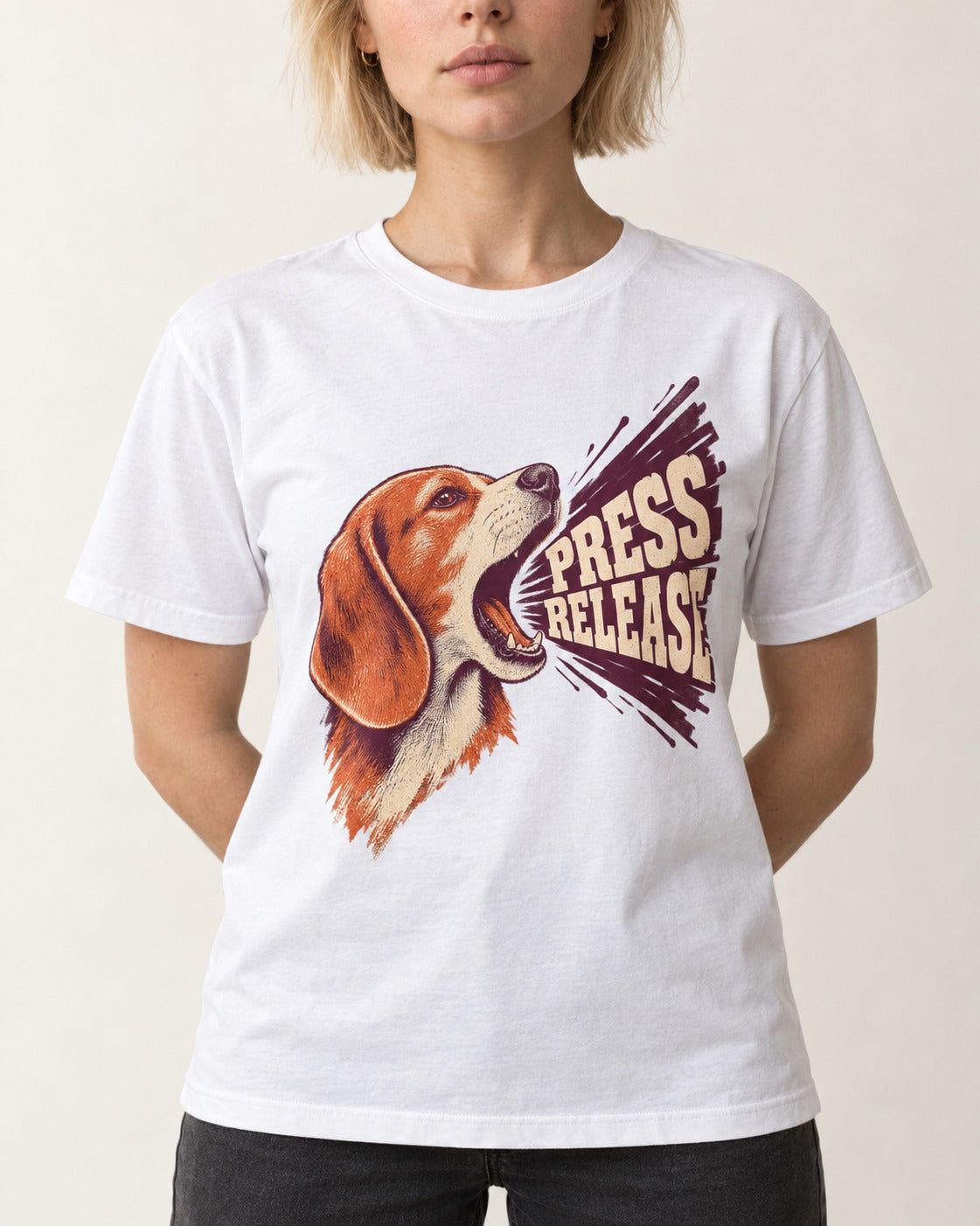Beagle Press Release T-Shirt in White, worn by a model, front view