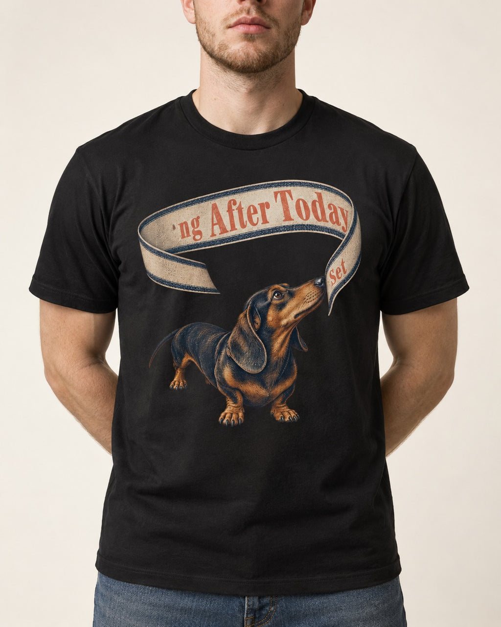 Dachshund ng After Today Set Ribbon Graphic T-Shirt in Black, worn by a model, front view